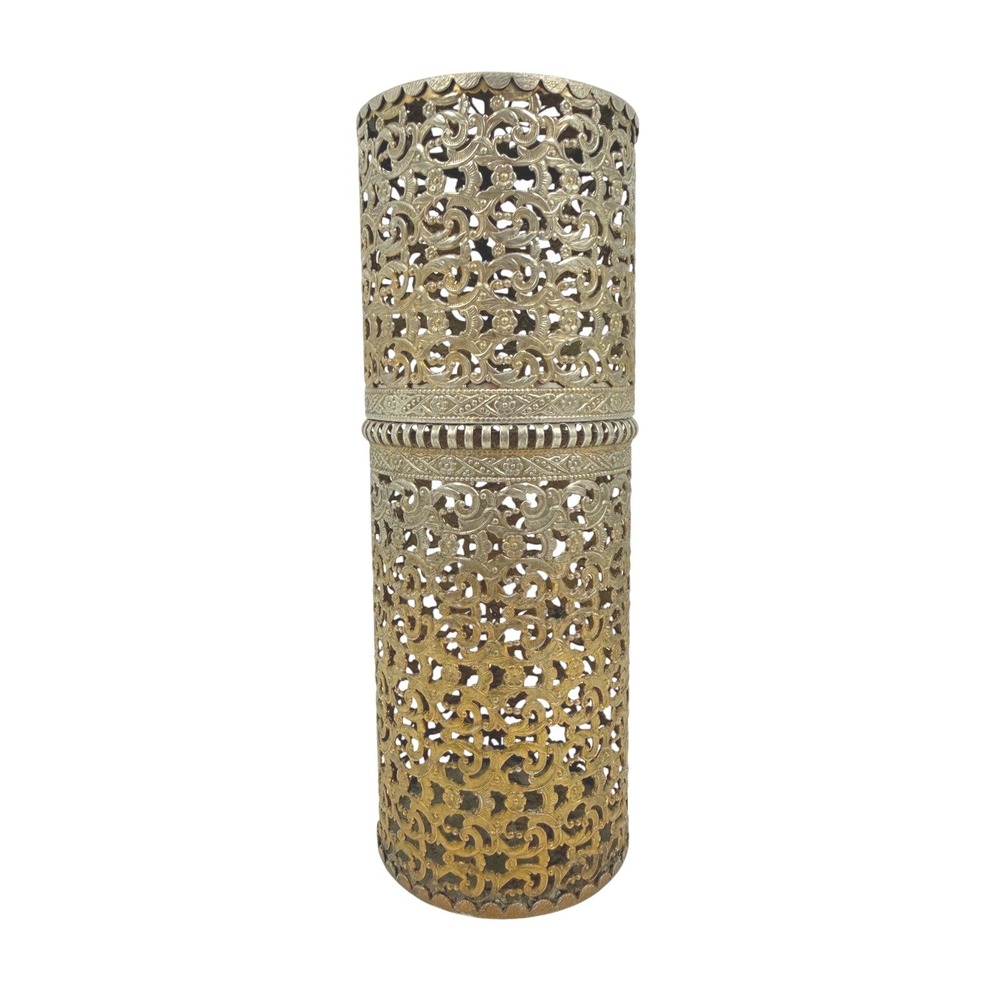 Vintage 1950's Gold Hair Spray Cover with Filigree Scrollwork Metal Canister